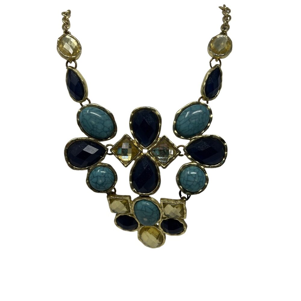 Bubble Necklace Blue Yellow Cabochon Faceted Lucite Stones Gold Tone Statement